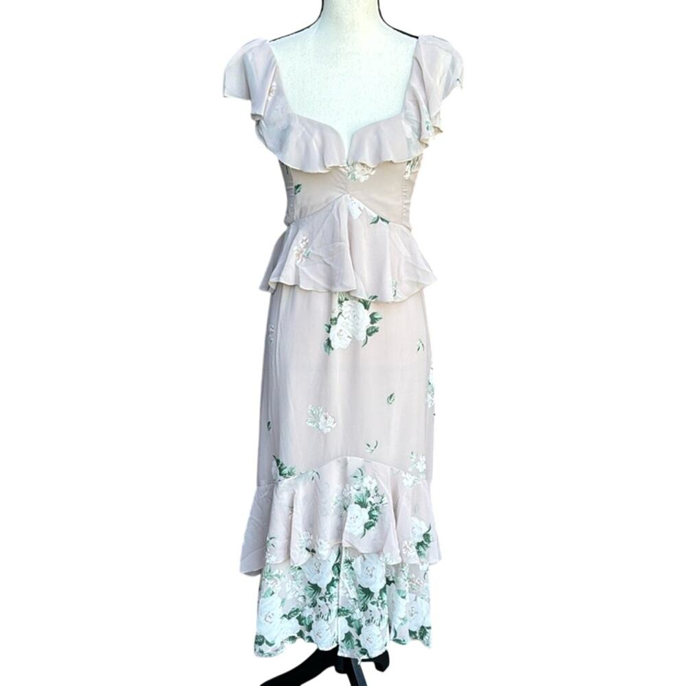 Show Me Your Mumu Reese Ruffle Midi Dress Beige Floral NWT Wedding Guest Medium
